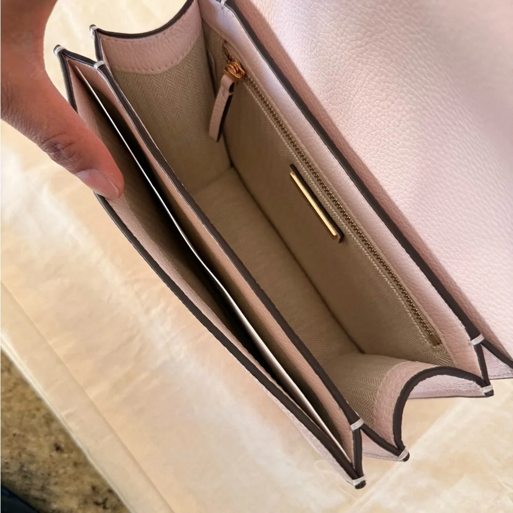 575+!Tory Burch Britten Small Adjustable Shoulder Bag Light Pink with Gold Chain